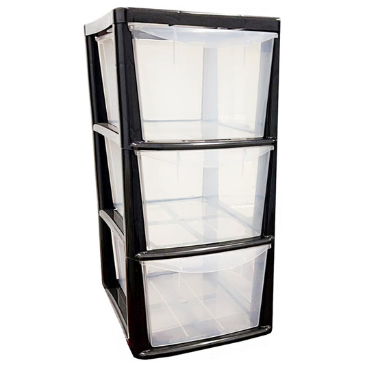 3 Drawer Black & Silver Storage Tower Units With Clear Spacious Drawers