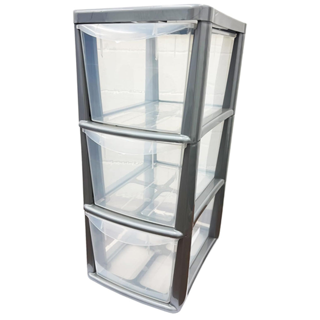 3 Drawer Black & Silver Storage Tower Units With Clear Spacious Drawers