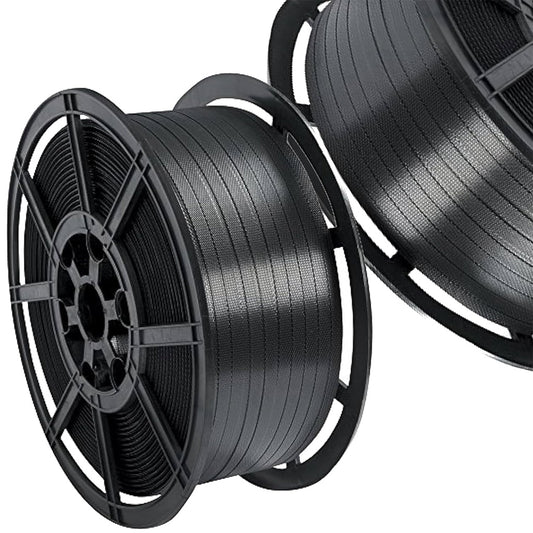 Black Pallet Strapping 12mm Wide 1000 Metres Per Coil 310kg Brake/Strength