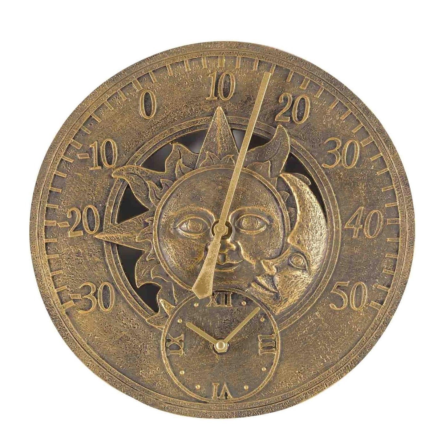 12" Sun & Moon Garden Clock & Thermometer Analogue Outdoor Weather Station