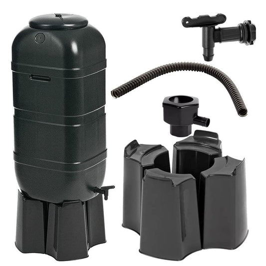 100L Black Slimline Space Saver Water Butts Complete with Stand, Lid and Diverter Rain