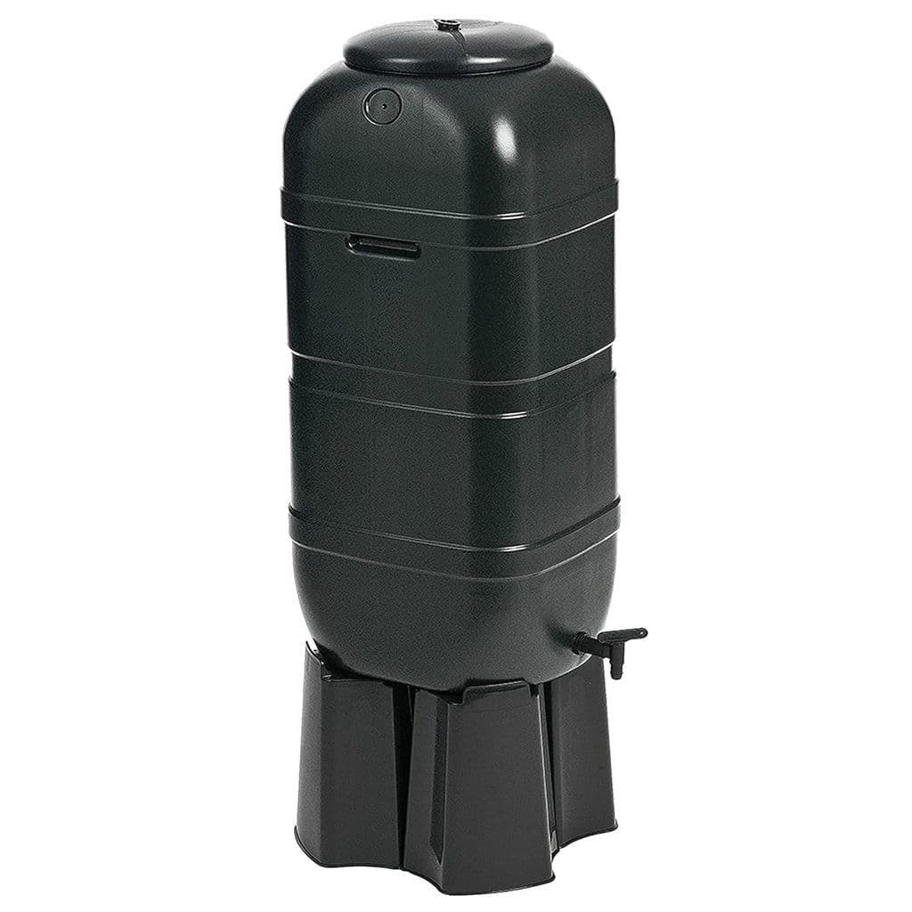 100L Black Slimline Space Saver Water Butts Complete with Stand, Lid and Diverter Rain