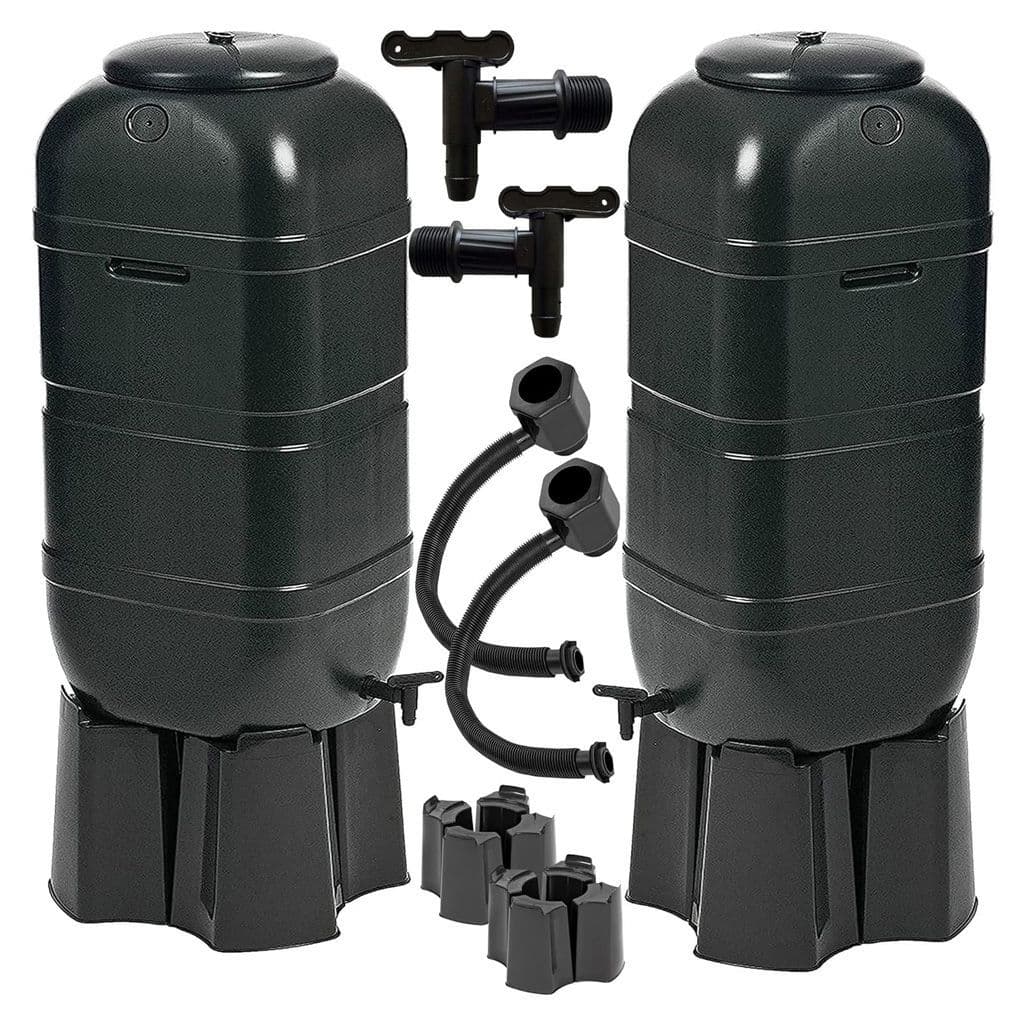 100L Black Slimline Space Saver Water Butts Complete with Stand, Lid and Diverter Rain