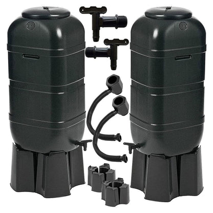 100L Black Slimline Space Saver Water Butts Complete with Stand, Lid and Diverter Rain