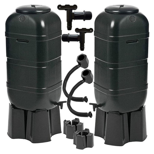 100L Black Slimline Space Saver Water Butts Complete with Stand, Lid and Diverter Rain
