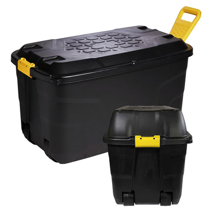 XL 110L & 145L Black Heavy Duty Robust Storage Trunks With Wheels & Handles