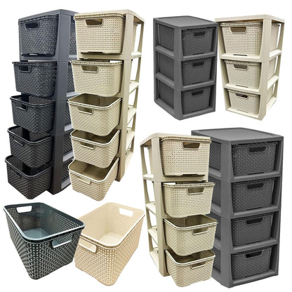 3,4 Or 5 Cream & Grey Stylish Rattan Effect Storage Tower Commode Baskets