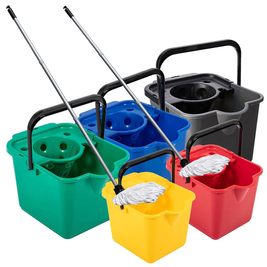 12L Mop & Bucket Set For Cleaning Hard Floors Complete With Pouring Lip & Cotton Mop