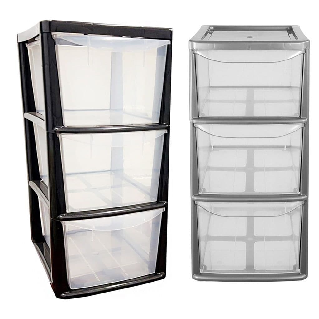 3 Drawer Black & Silver Storage Tower Units With Clear Spacious Drawers