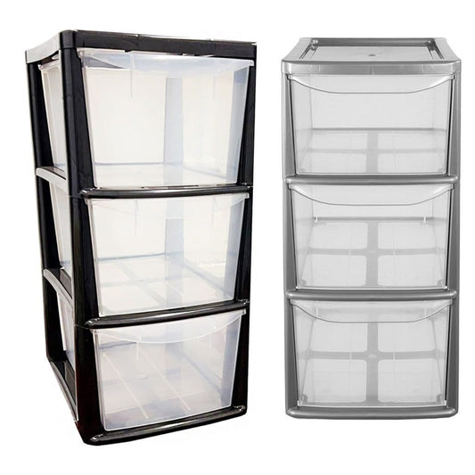 3 Drawer Black & Silver Storage Tower Units With Clear Spacious Drawers