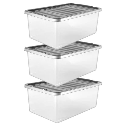 3 x Underbed Storage Containers 32 Litre With Silver Lids
