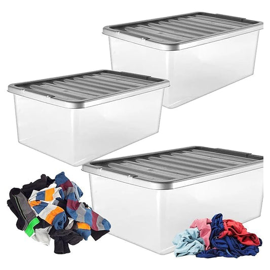 3 x Underbed Storage Containers 32 Litre With Silver Lids