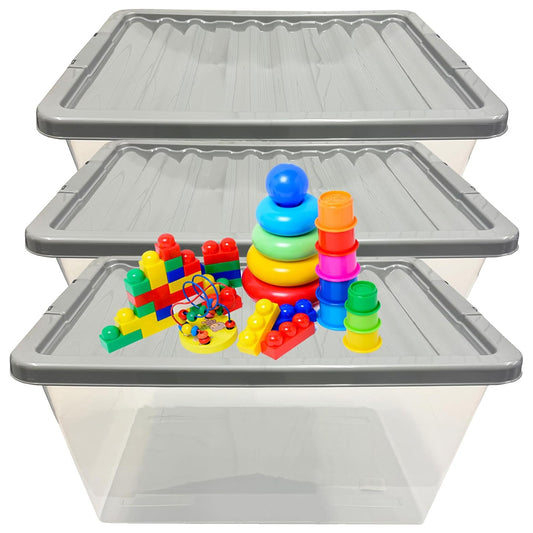 3 x 62L Stackable Clear Plastic Storage Boxes With Silver Lids