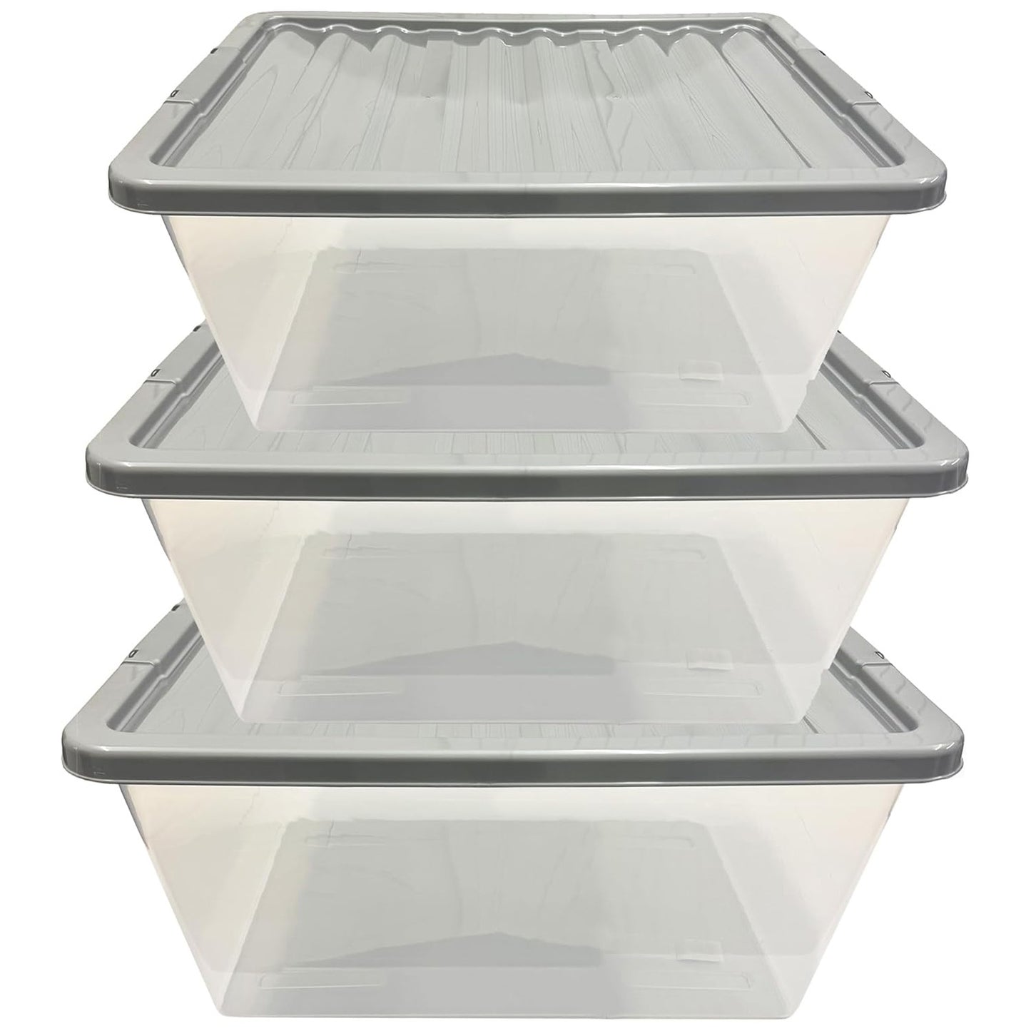 3 x 62L Stackable Clear Plastic Storage Boxes With Silver Lids