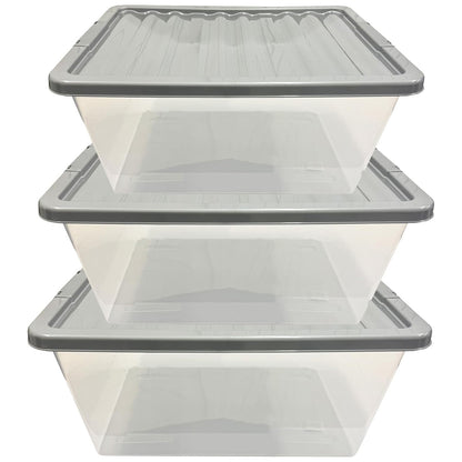 3 x 62L Stackable Clear Plastic Storage Boxes With Silver Lids