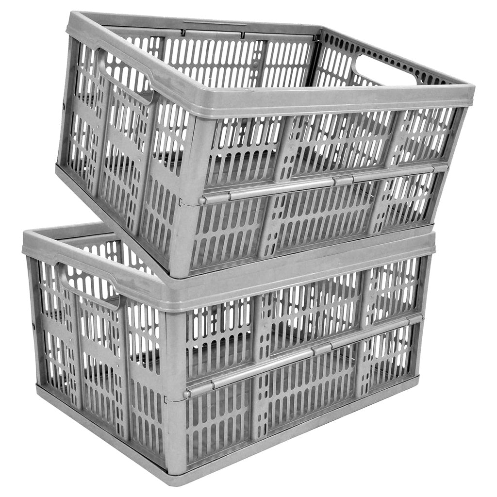 Grey 32L Plastic Folding Crate Boxes With Handles Collapsible, Foldable & Stackable