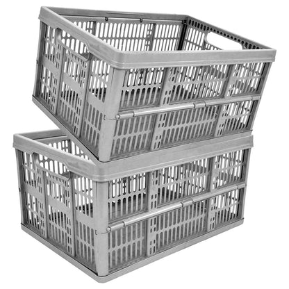 Grey 32L Plastic Folding Crate Boxes With Handles Collapsible, Foldable & Stackable