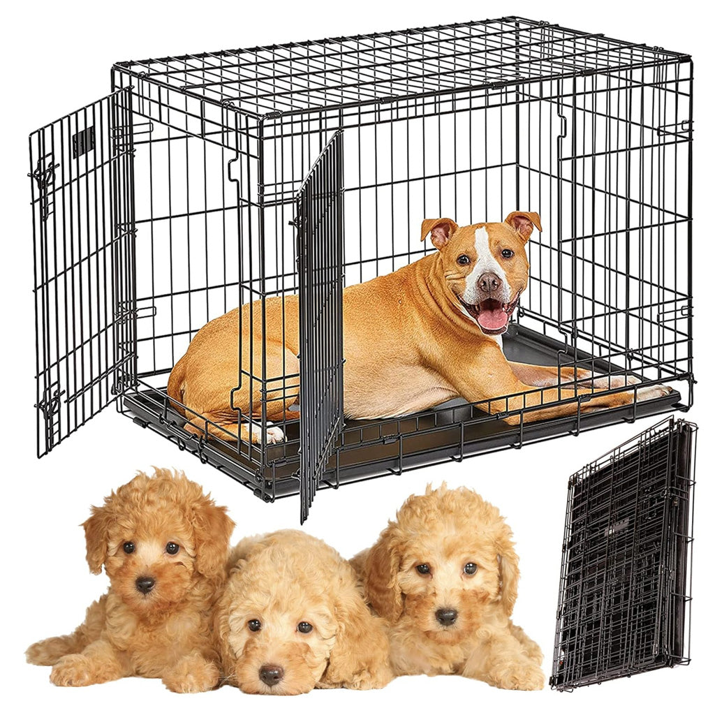 2 Door Folding Dog/Puppy Cage Carrier With Plastic Tray