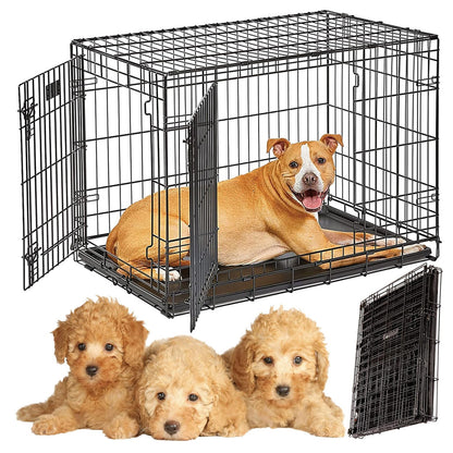2 Door Folding Dog/Puppy Cage Carrier With Plastic Tray