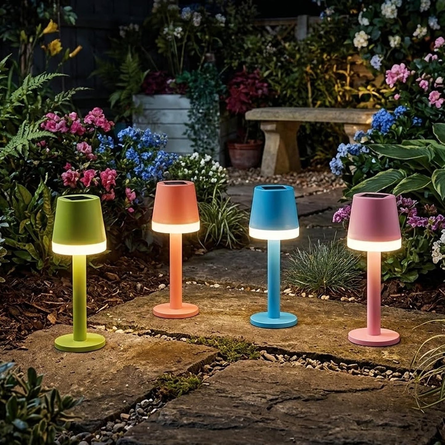 4pc Multicolored Solar Table Lamps Waterproof Warm White LED Patio Garden Lights