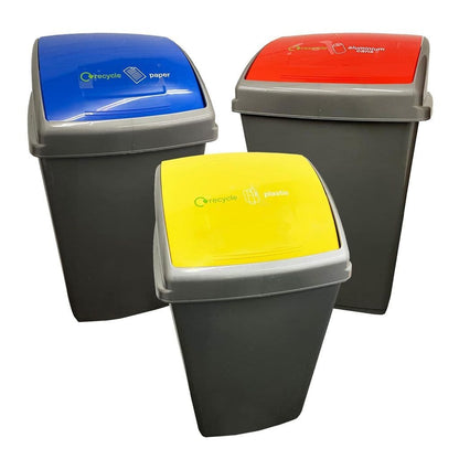 50L Large Grey Home Office Commercial Plastic Recycling Bins With Colour Coded Swing Lids