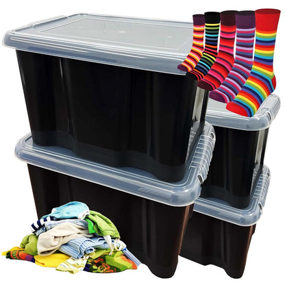 Plastic Storage Boxes Pack of 5 (24 Litre) Black Box With See Through Lids