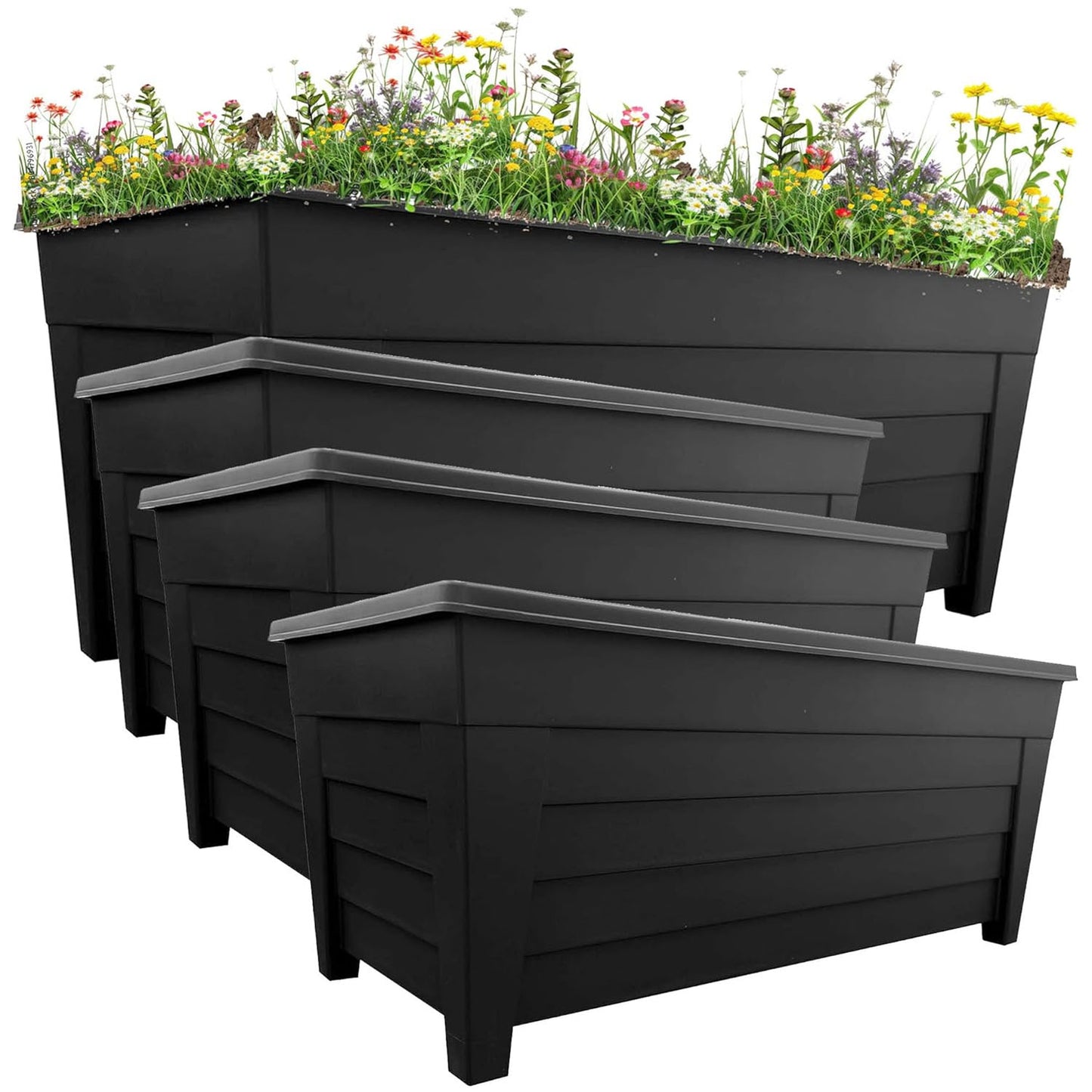 4 Black Large Grosvenor Troughs Long Flower Planters For Home & Garden