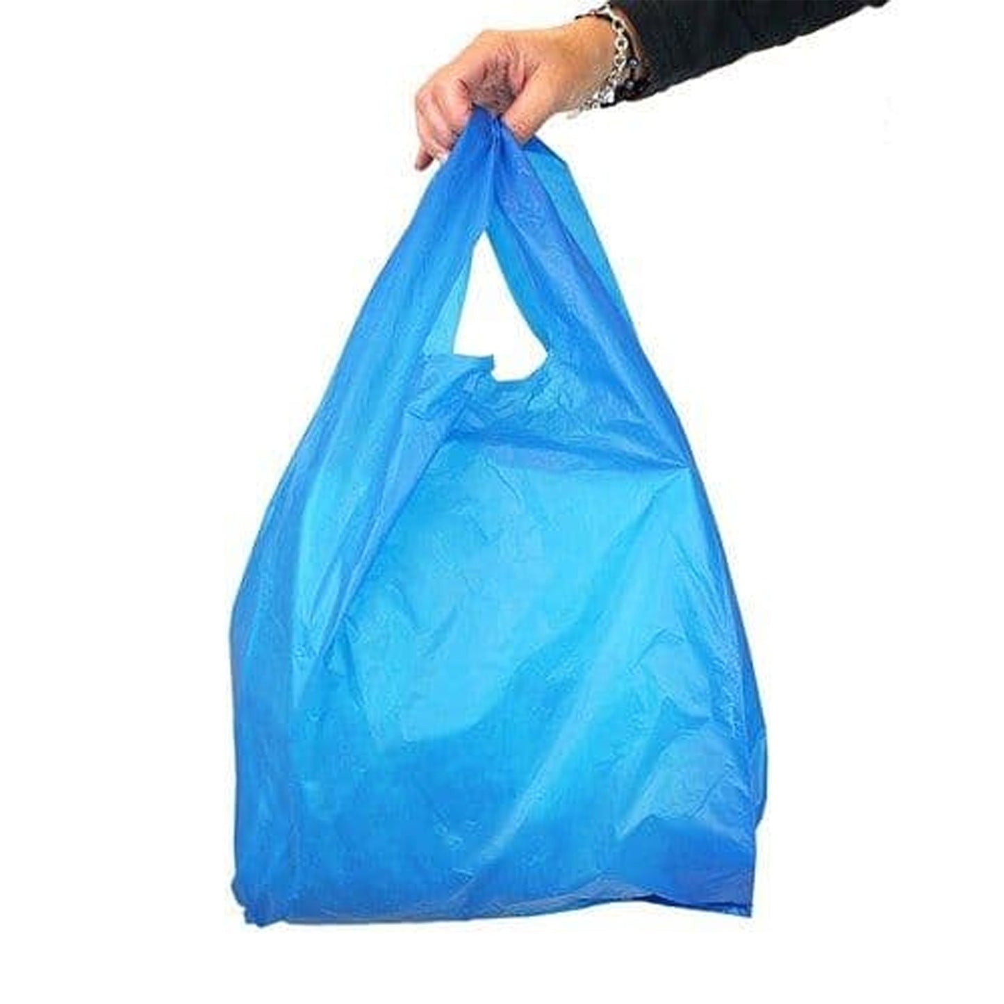 Blue & White 11 x 17 x 21" Plastic Vest Style Carrier Bags