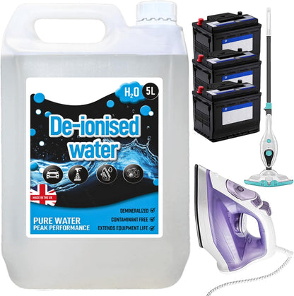 5 Litre Deionised Water Mineral-Free Ideal For Batteries, Steam Irons & Cleaning