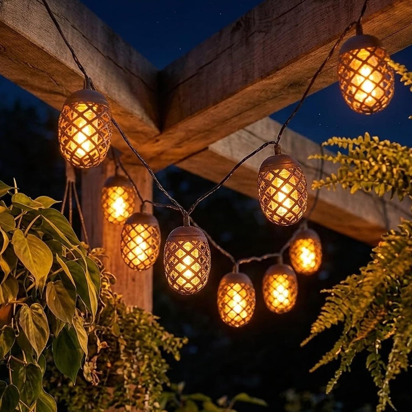 Set of 10 Solar Outdoor Flame Effect LED Hanging Lanterns for Patio & Shrub Decor