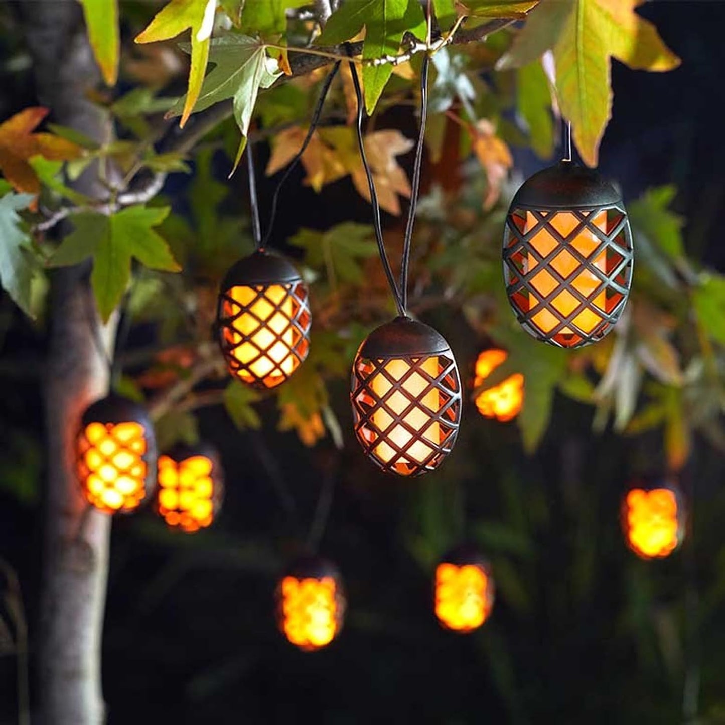 Set of 10 Solar Outdoor Flame Effect LED Hanging Lanterns for Patio & Shrub Decor