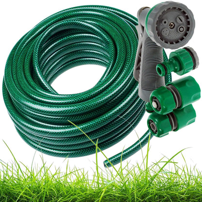 30M (98ft) Green Garden PVC Hose Pipe & Spray Attachment Perfect For Watering Plants & Washing Car