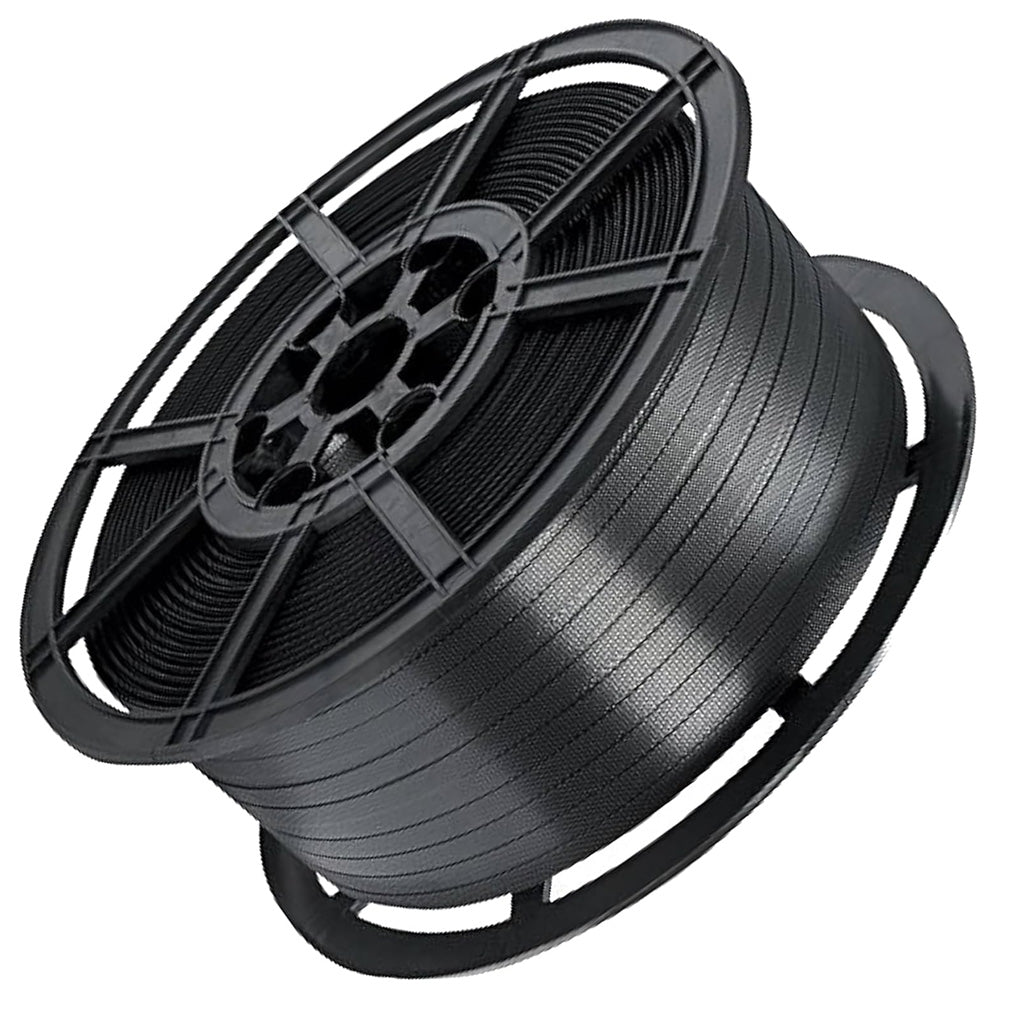 Black Pallet Strapping 12mm Wide 1000 Metres Per Coil 310kg Brake/Strength