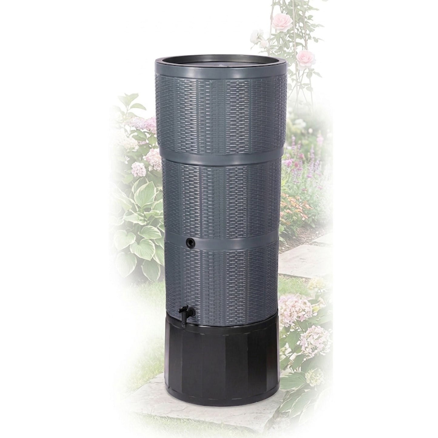 XL 150L Rattan Wicker Effect Water Butts With Stand, Tap, Rain Diverter & Lid