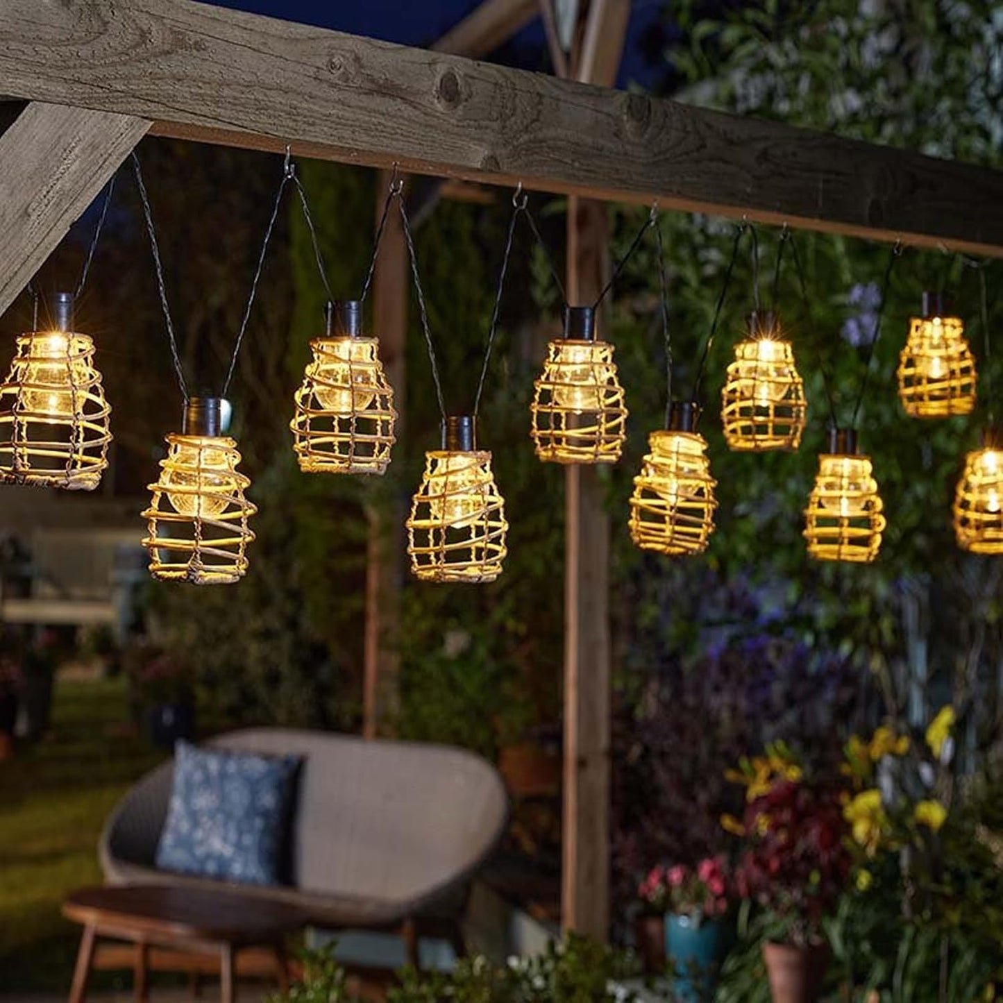 Rattan Style Garden String Lights Outdoor Path Lanterns 10 LED Solar Powered