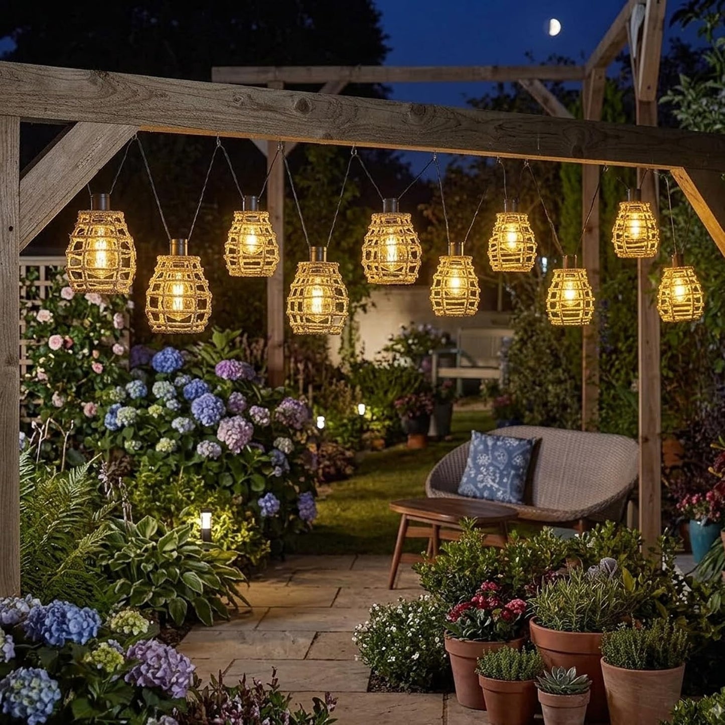 Rattan Style Garden String Lights Outdoor Path Lanterns 10 LED Solar Powered