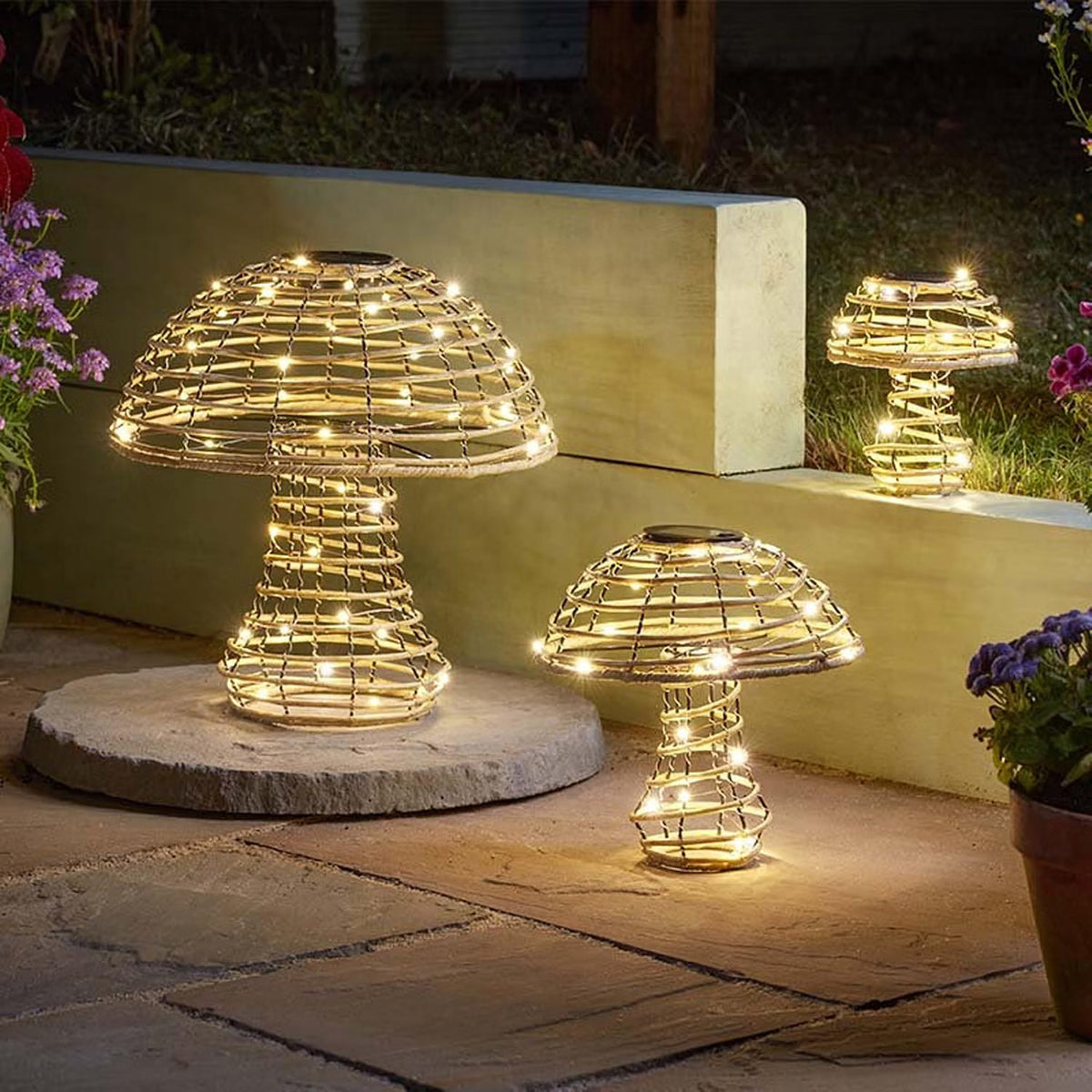 Rattan Solar Mushroom Outdoor Light - Warm White Decorative Patio Ornament