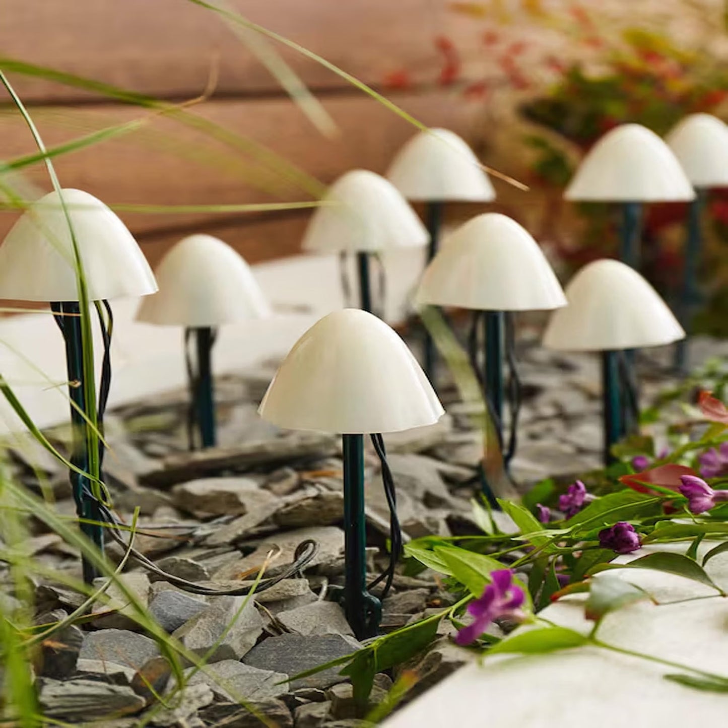 Solar Mushroom Pathway Stake Lights - Multi Function Warm White Pearl Caps