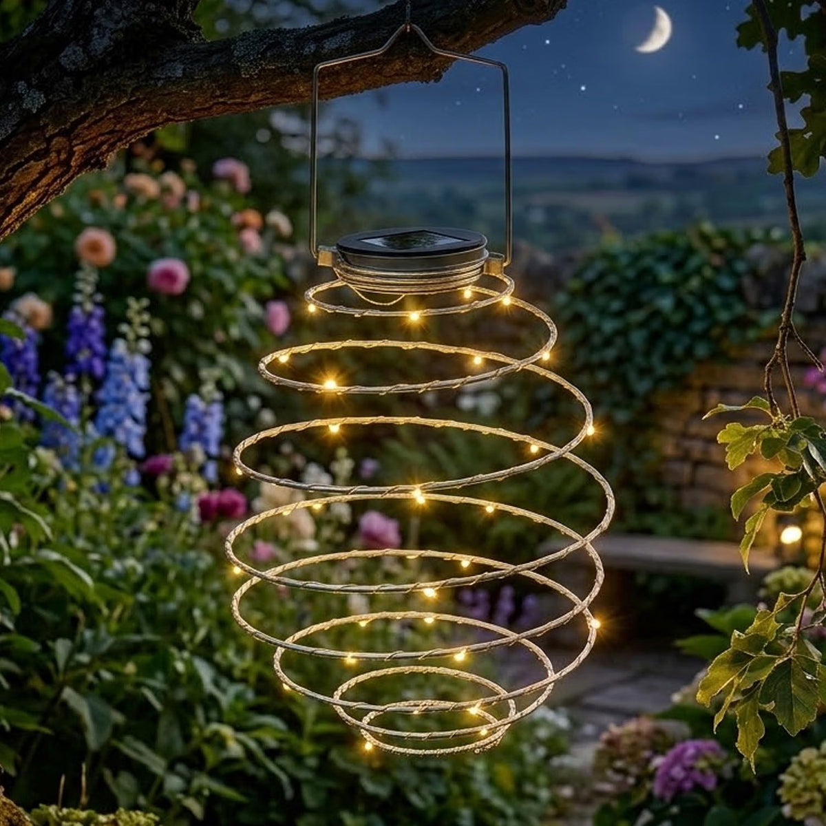 Spiralight Solar Hanging Lanterns - Warm White Garden Ornament & Built-In Panel