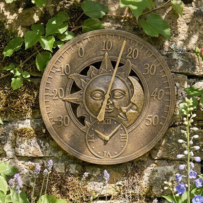 12" Sun & Moon Garden Clock & Thermometer Analogue Outdoor Weather Station