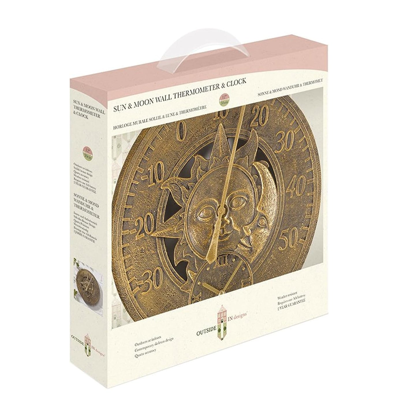 12" Sun & Moon Garden Clock & Thermometer Analogue Outdoor Weather Station