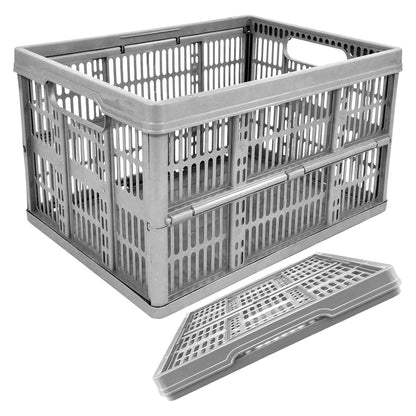 Grey 32L Plastic Folding Crate Boxes With Handles Collapsible, Foldable & Stackable