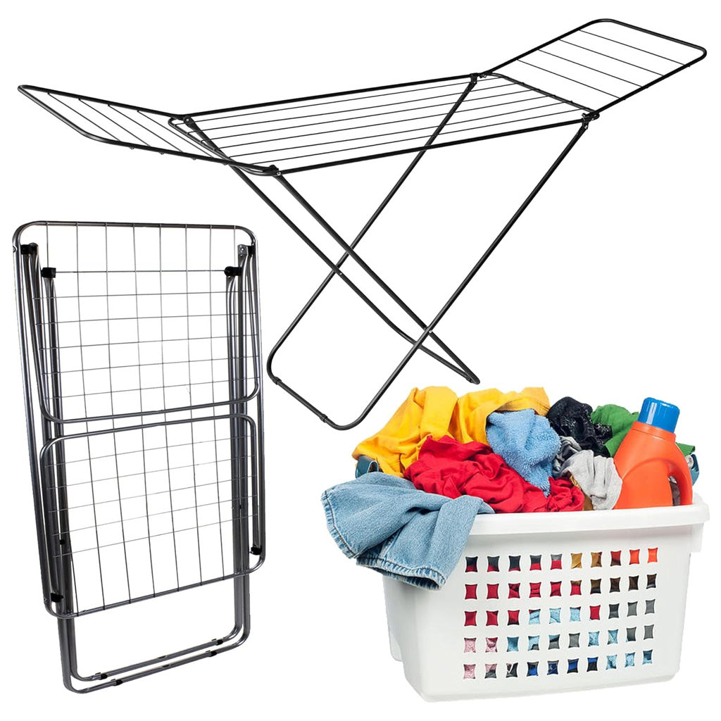 Black Foldable Metal Clothes Airer With Winged Stand